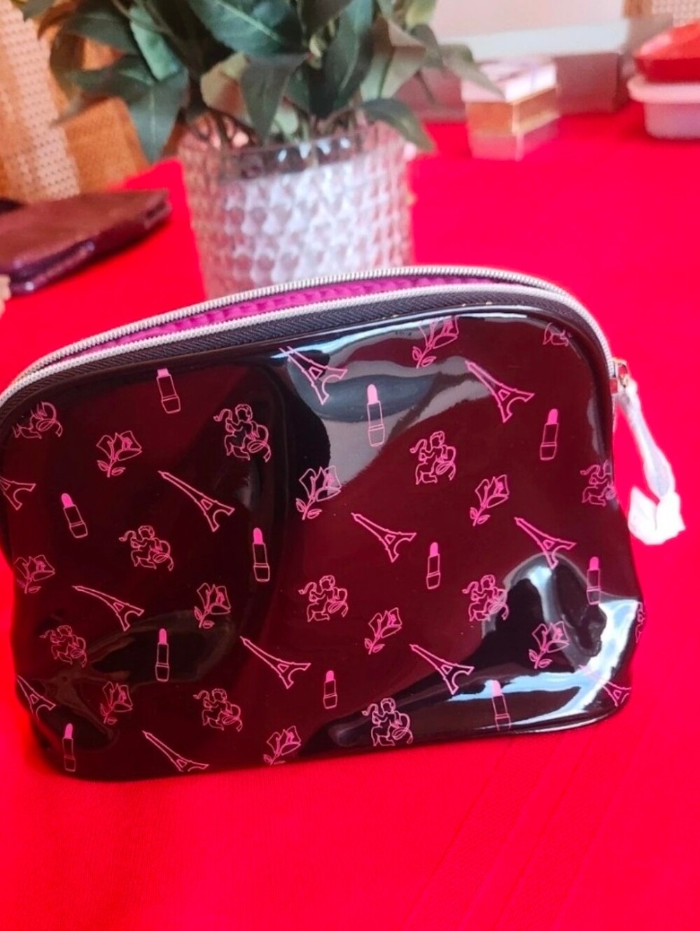 Lancome Black Cosmetic Pouch with Pink Print